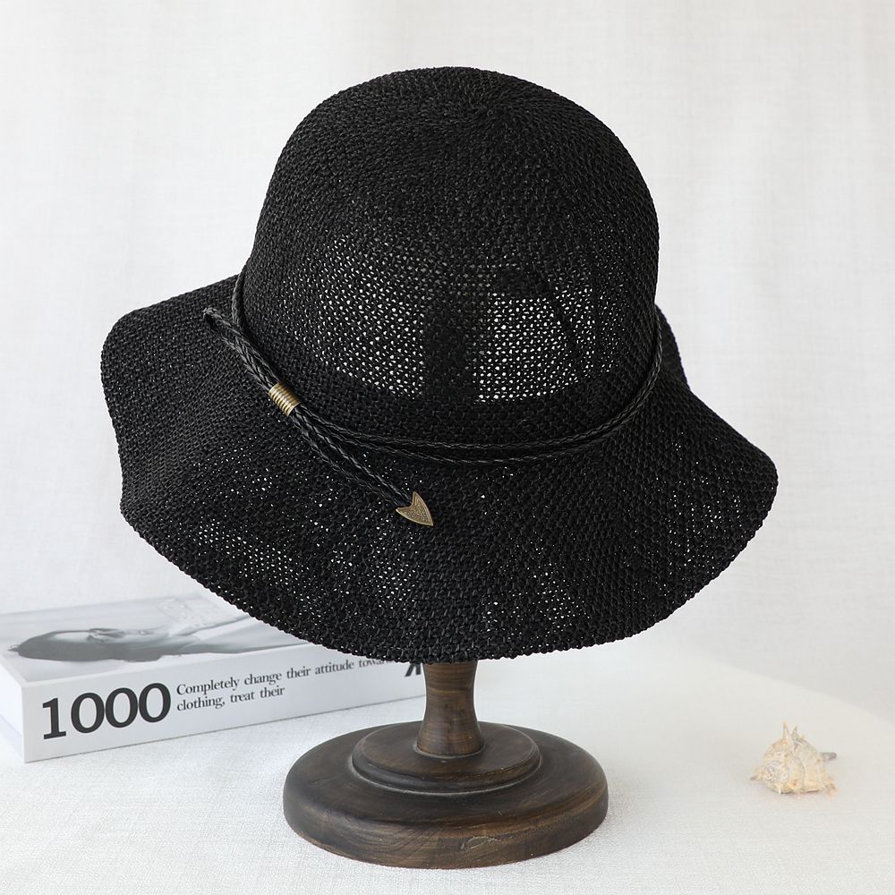 草帽黑色女夏荷叶边韩版日式沙滩时尚凉帽遮太阳防晒大沿渔夫帽子