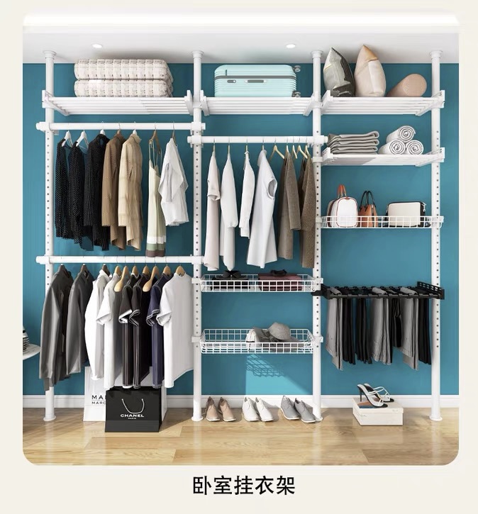 加粗38管径顶天立地落地卧室阳台免打孔伸缩置物架简易衣柜挂衣架