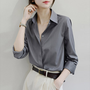 灰色宽松长袖衬衫女春秋暗门襟商务职业通勤lo气质高级感衬衫chic