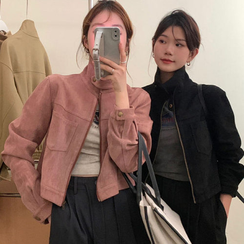 复古鹿皮绒短款显瘦外套女春秋