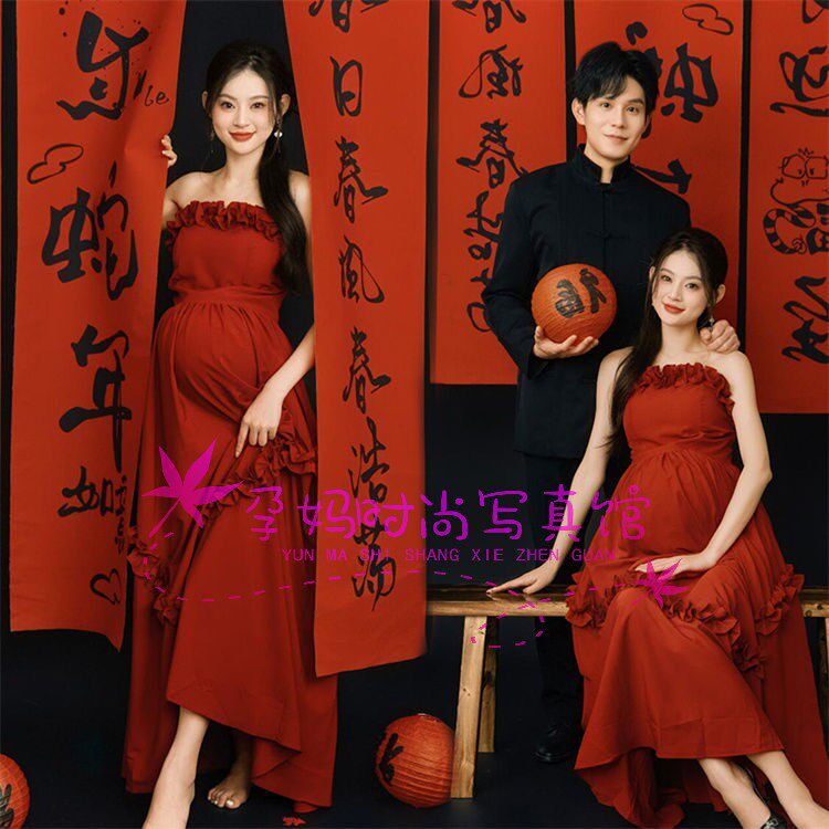 孕妇摄影服装影楼情侣主题新中式红色喜嫁风孕妈大肚照写真在家拍