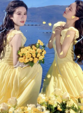 影楼新款森系甜美可爱田园黄色飞袖吊带连衣裙浪漫拍照写真服装