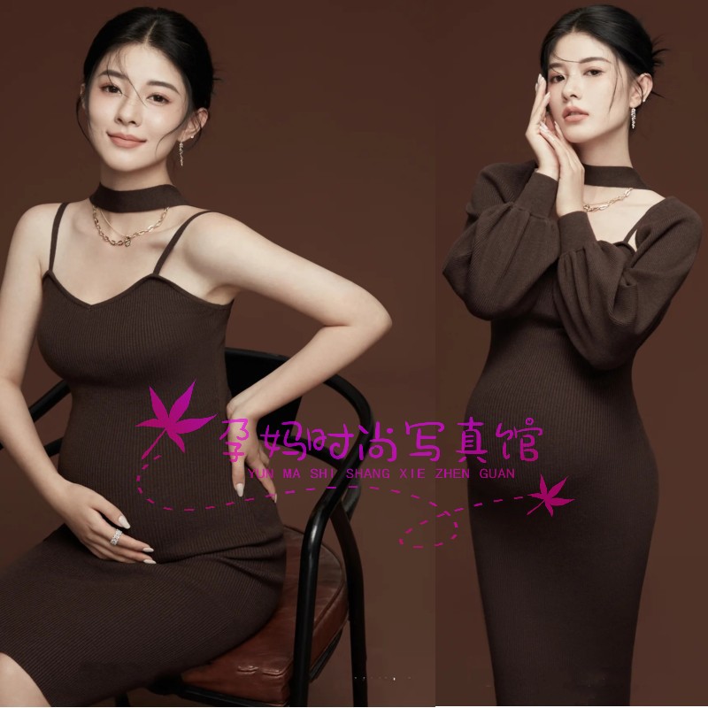 时尚孕妈艺术照写真针织吊带裙