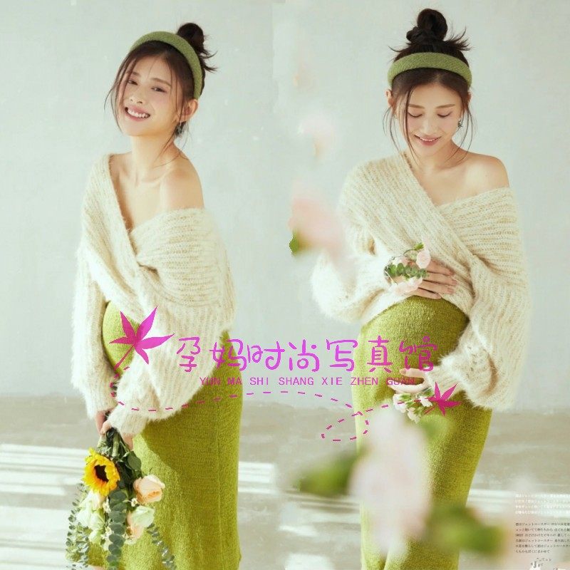 影楼孕妇拍照摄影写真服装小清新果绿针织毛衣妈咪大肚艺术照连衣