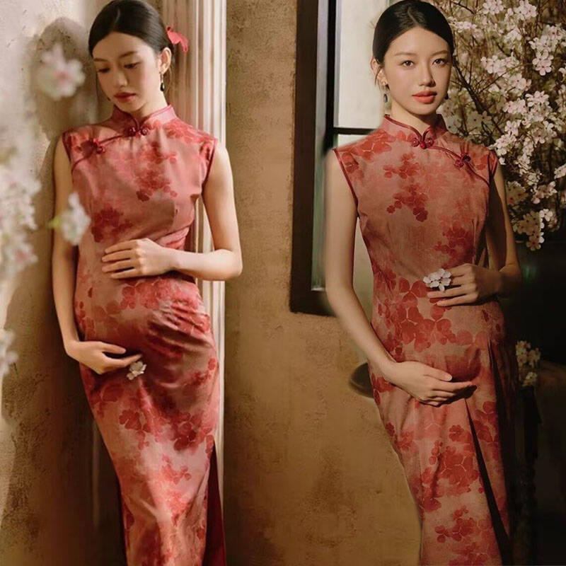 艾美影赏新中式红色孕妇旗袍