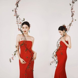 復古紅色抹胸連衣裙媽咪藝術照寫真攝影服裝 孕婦照新中式 影樓新款