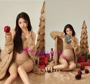 影楼秋冬圣诞主题雪景拍照服装新年慵懒风咖色毛衣艺术照个人写真