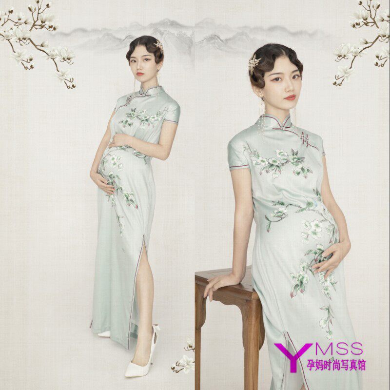 影楼孕妇拍照服装写真服饰工笔水墨画复古开叉旗袍孕妈咪摄影衣服