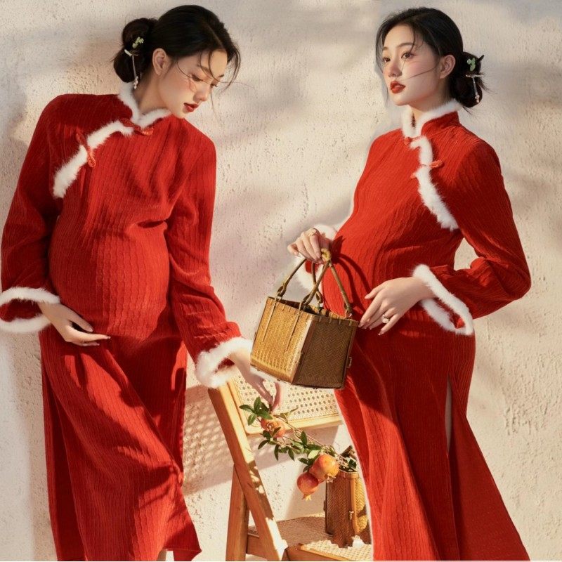 红色喜庆旗袍孕妇拍照服装可爱