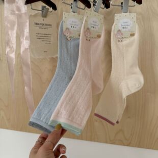 撞色韩系亮色罗口袜子女ins蔓藤网眼袜堆堆薄款 甜美春夏少女无骨