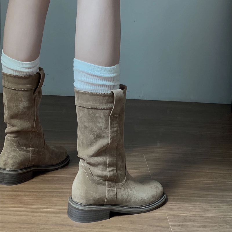 다양하고 슬리밍  레트로 웨스턴 부츠 2024 카키 스웨이드 라운드 발가락 스커트 서양식 작은 짧은 부츠 굴뚝 부츠