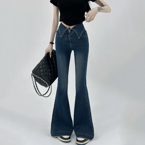 小个子辣妹高街弹力翻边牛仔裤女