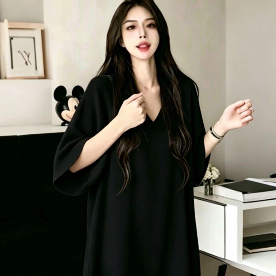 2026新款黑色冰丝V领短袖t恤300斤大码女生宽松棉麻半袖薄款上衣