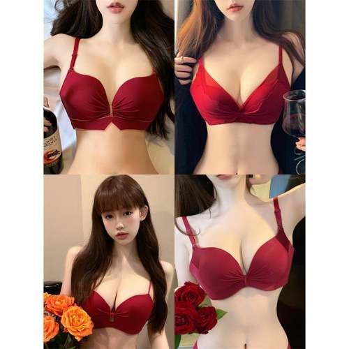 本命年结婚红色内衣女无钢圈小胸聚拢调整型防下垂文胸一套装少女