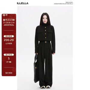 ILLELLA 黑色小香风短外套收腰阔腿裤套装冬开衫上衣休闲裤两件套