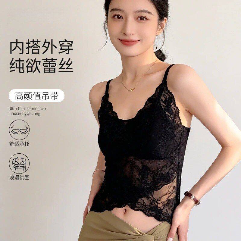 带胸垫法式蕾丝美背内衣女小胸聚拢长款一体杯吊带背心内搭外穿