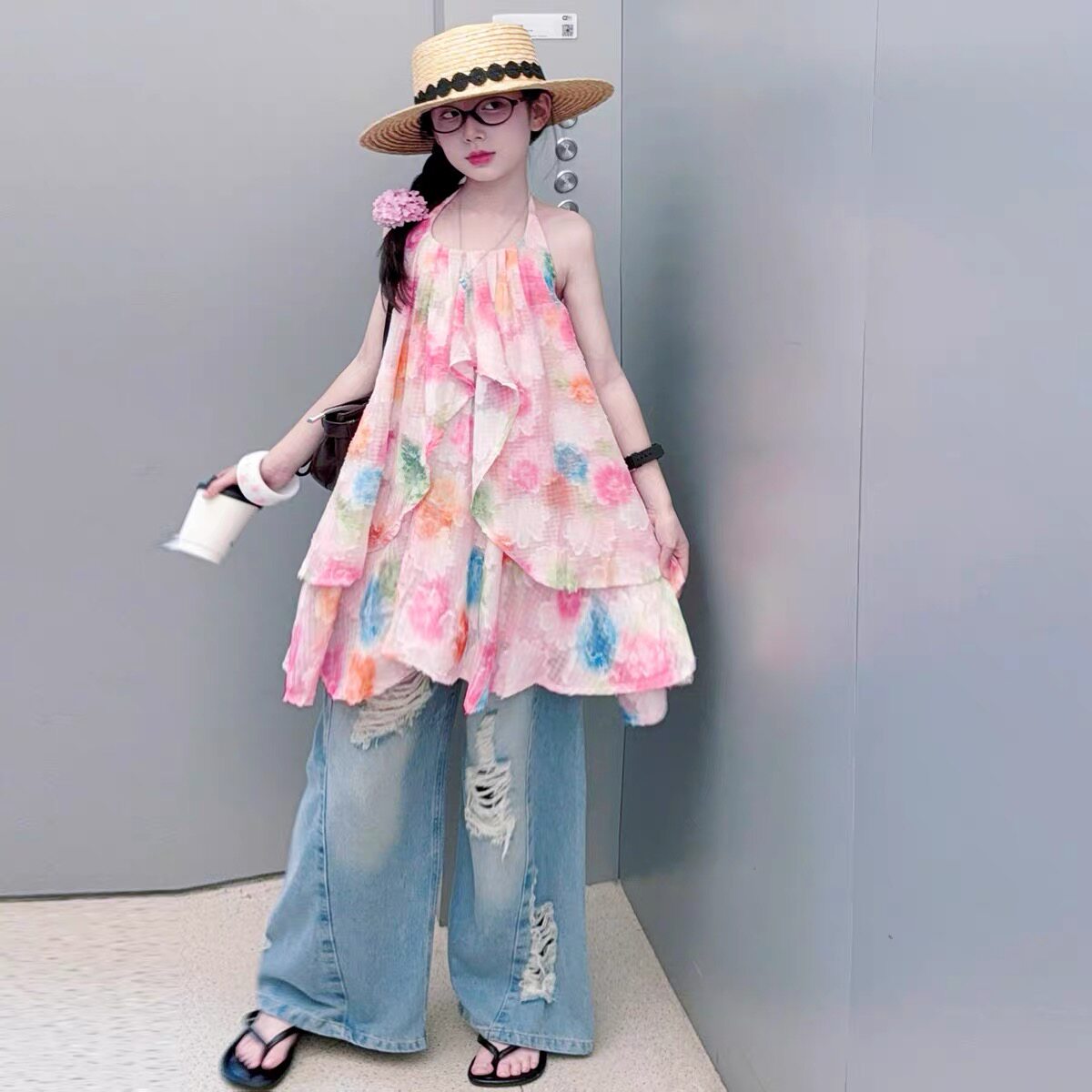 粉调晕染无袖挂脖连衣裙女童2026夏季新款度假风a字裙破洞牛仔裤