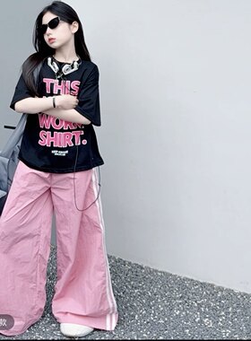 女童字母短袖上衣拉条裤子两件套装2026夏季女孩子学生潮