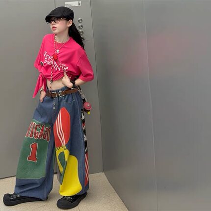 赵露思同款韩版炸街印花T恤阔腿牛仔裤套装女童夏季街头风两件套