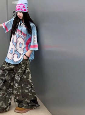美式嘻哈风女童2026夏季两件套街舞演出服数字印花T恤迷彩裤套装