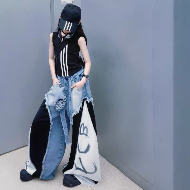 美式复古毛边拼接撞色牛仔裤女童2026夏季新款设计感直筒阔腿裤潮