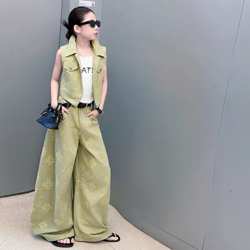 韩版女童2026夏季新中式镂空刺绣马甲阔腿裤两件套女孩洋气套装
