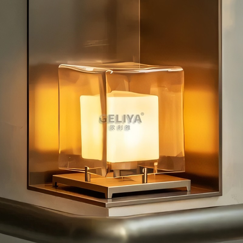 中式现代轻奢不锈钢方形玻璃台灯卧室床头灯酒店别墅客厅玄关书房