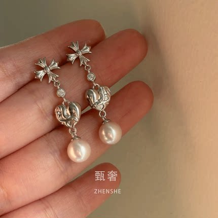 《克罗之心》复古vintage十字爱心耳坠极光淡水珍珠时髦纯银耳环
