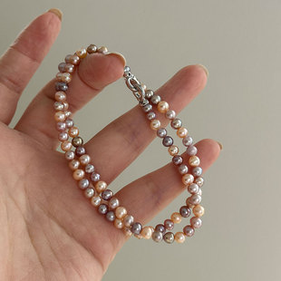 5mm无核淡水珍珠糖果彩色项链手链猫爪可掰扣吊坠 彩虹足迹