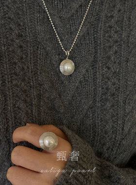 《迷离》11-12mm正圆极光淡水珍珠可掰扣纯银吊坠开口纯银戒指女