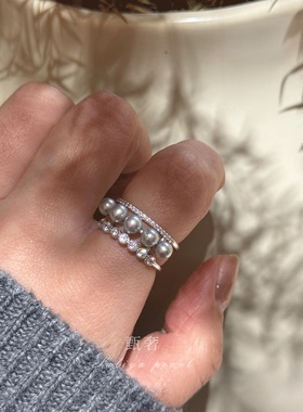 《清波》真多麻色灰色系正圆高亮淡水珍珠纯银戒指开口气质女