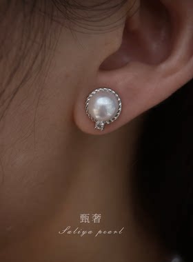 甄奢复古麻花单钻纯银珍珠耳钉