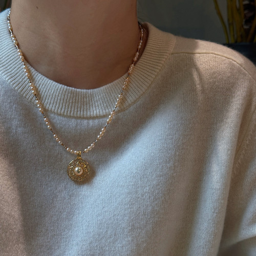 《金汐》50cm原创设计香槟金色极光淡水珍珠项链八宝罗盘纯银吊坠