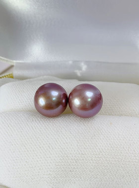 《夜之魅》11-12mm正圆紫色天然爱迪生淡水珍珠耳钉优雅高级耳饰