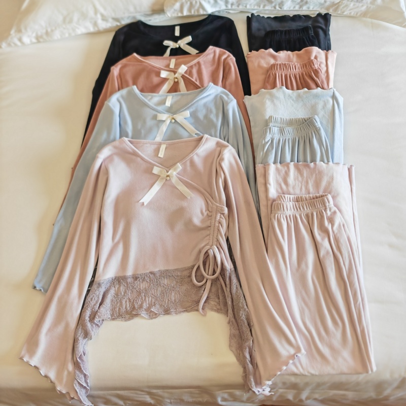 蝴蝶结绑带海岛绒睡衣女秋冬季长袖软绵绵蕾丝拼接家居服套装性感