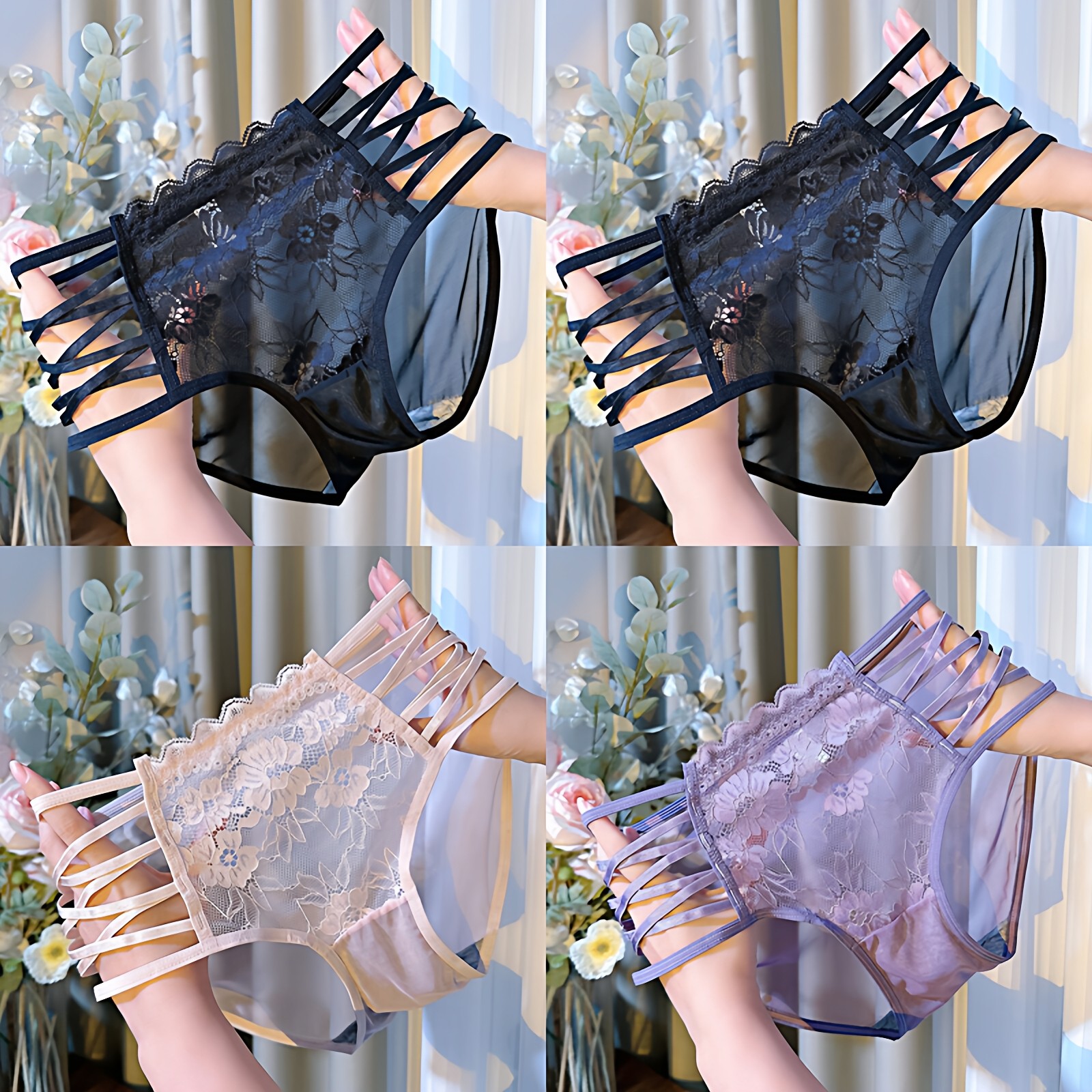 大码超弹细带性感蕾丝镂空内裤女高腰包臀透明网纱诱惑胖MM三角裤