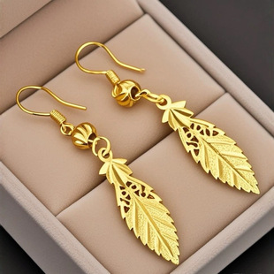 沙金女款叶子耳环长款仿黄金耳坠耳饰品送妈妈礼物