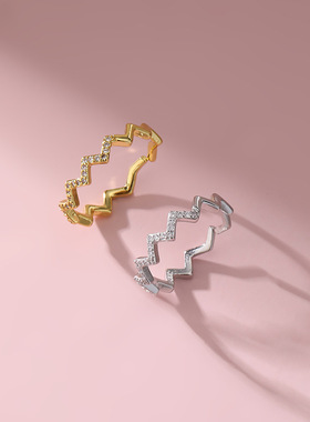 925纯银波浪镶钻戒指小众设计食指戒简约冷淡风指环百搭饰品网红