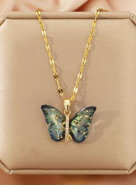 日韩风微镶锆石钢项链女小众高级感不掉色锁骨链渐变蝴蝶吊坠饰品