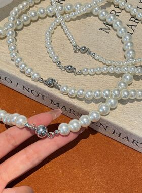 2025年爆款磁吸扣珍珠项链女玻璃白色玻璃珠锁骨链简约经典款配饰