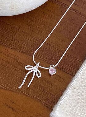 925纯银轻奢精致蝴蝶结爱心粉钻项链女锁骨链ins简约小众蛇骨链夏