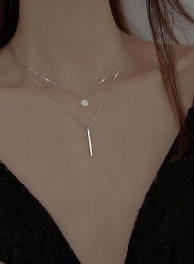 2022年新款925银双层项链ins冷淡风项链女纯银镶钻锁骨链女简约