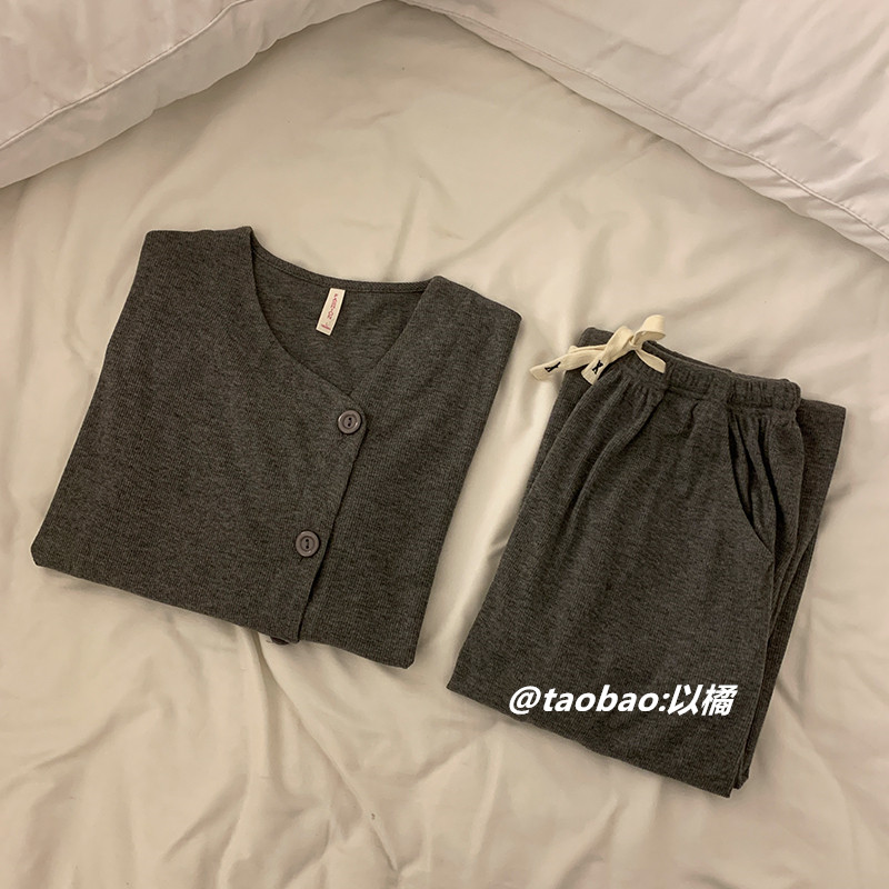 HIGH-END PAJAMAS WOMENS SPRING AND AUTUMN LONG-SLEEVED COTTON CAN BE WORN OUTSIDE GRAY INTERNET CELEBRITY THINNING CASUAL LOUNGEWEAR TWO-PIECE SET
