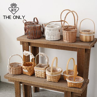 薇艺 原木色手提花篮鲜花插花绿植插花篮子田园风编织篮花艺用品