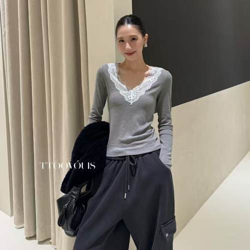 2026春季新款TTOO休闲百搭拼接蕾丝V领T恤修身打底衫内搭上衣女