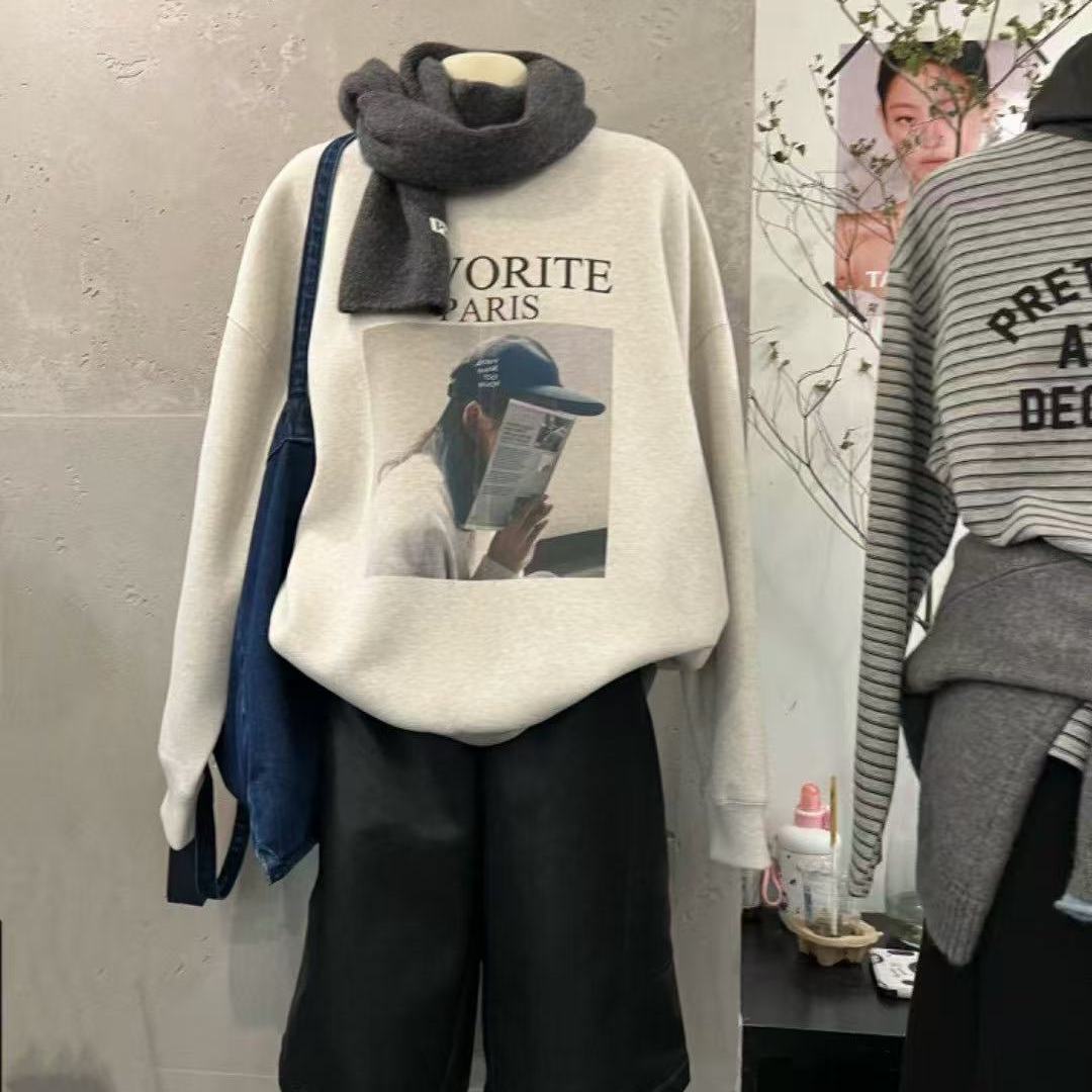 2025冬季新款KEYBOARD休闲百搭印花复古人物加绒卫衣宽松上衣女