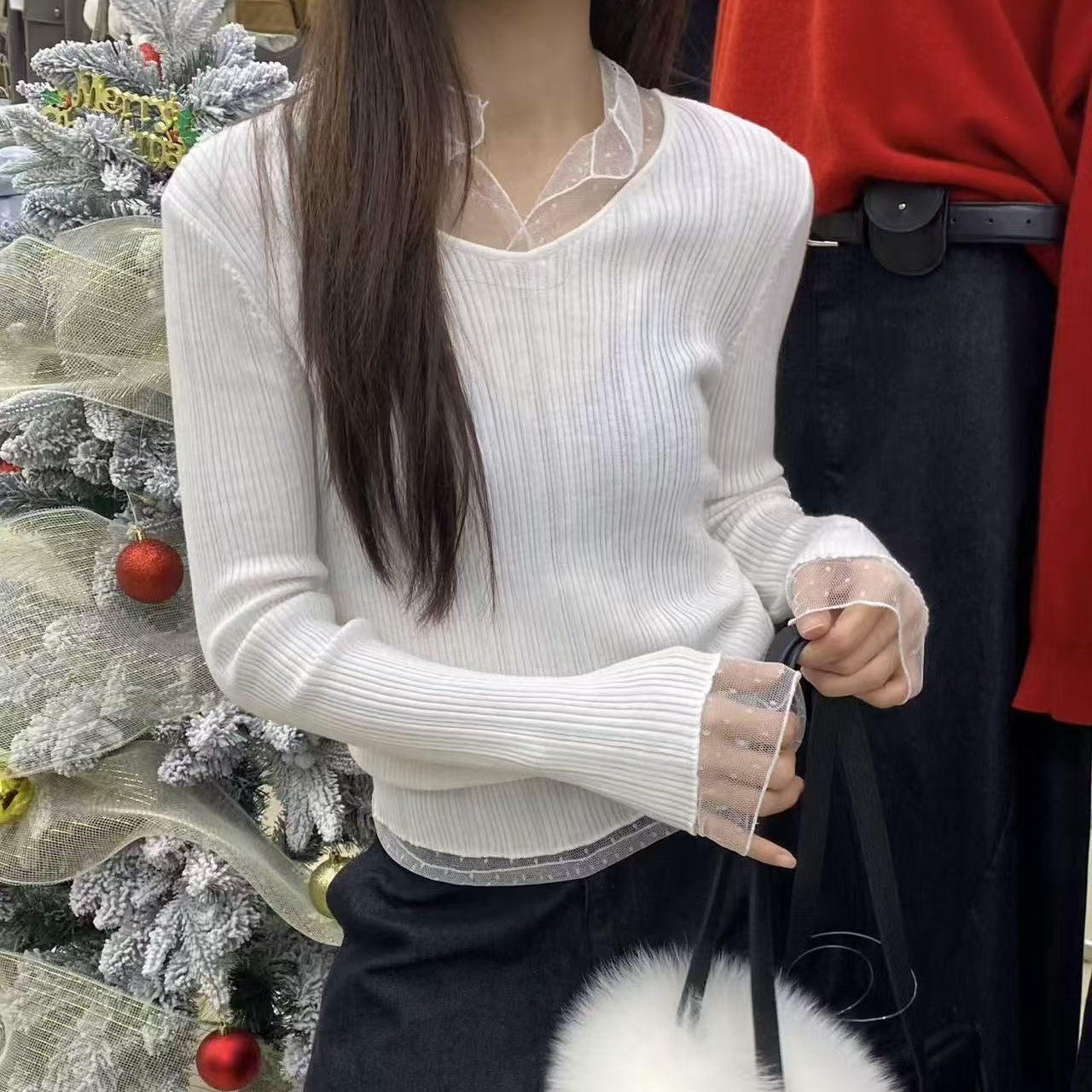 2025冬季新款DoubleSeven纯欲风拼接网纱领针织衫修身上衣打底衫