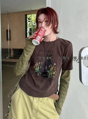 2025冬季新款MORE有熊印花卡通猫咪假两件磨毛T恤短款修身打底衫