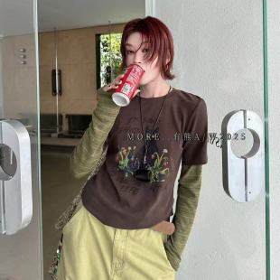 打底衫 2025冬季 修身 MORE有熊印花卡通猫咪假两件磨毛T恤短款 新款