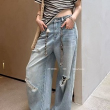十三行2025夏季新款JVV SISTER做旧破洞薄款牛仔裤配编制腰带女
